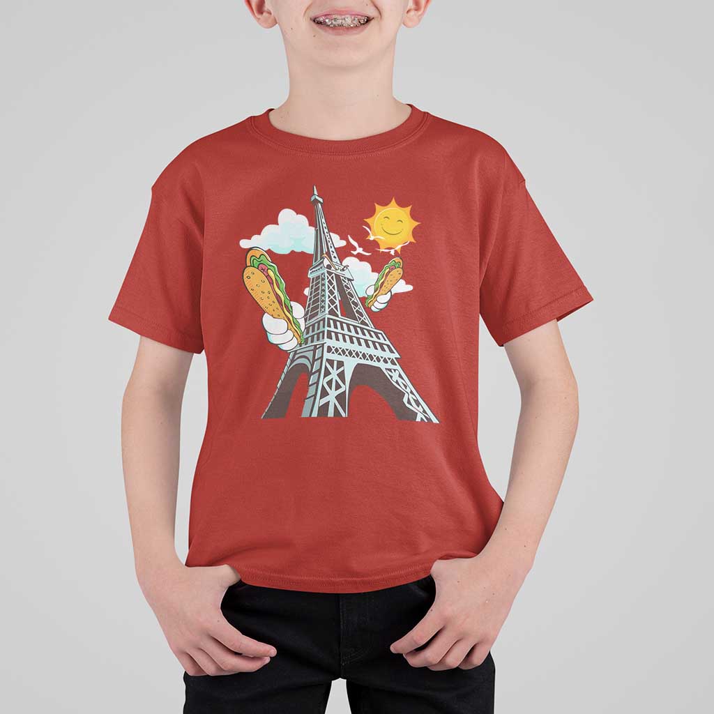Funny French-American Heritage Month T Shirt For Kid Cute Hotdog Eiffel Tower - Wonder Print Shop