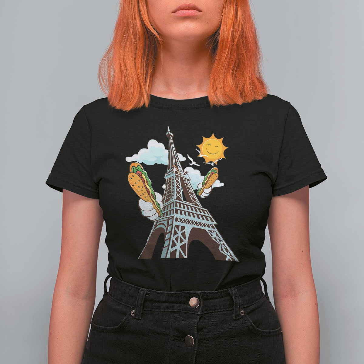 Funny French-American Heritage Month T Shirt For Women Cute Hotdog Eiffel Tower - Wonder Print Shop