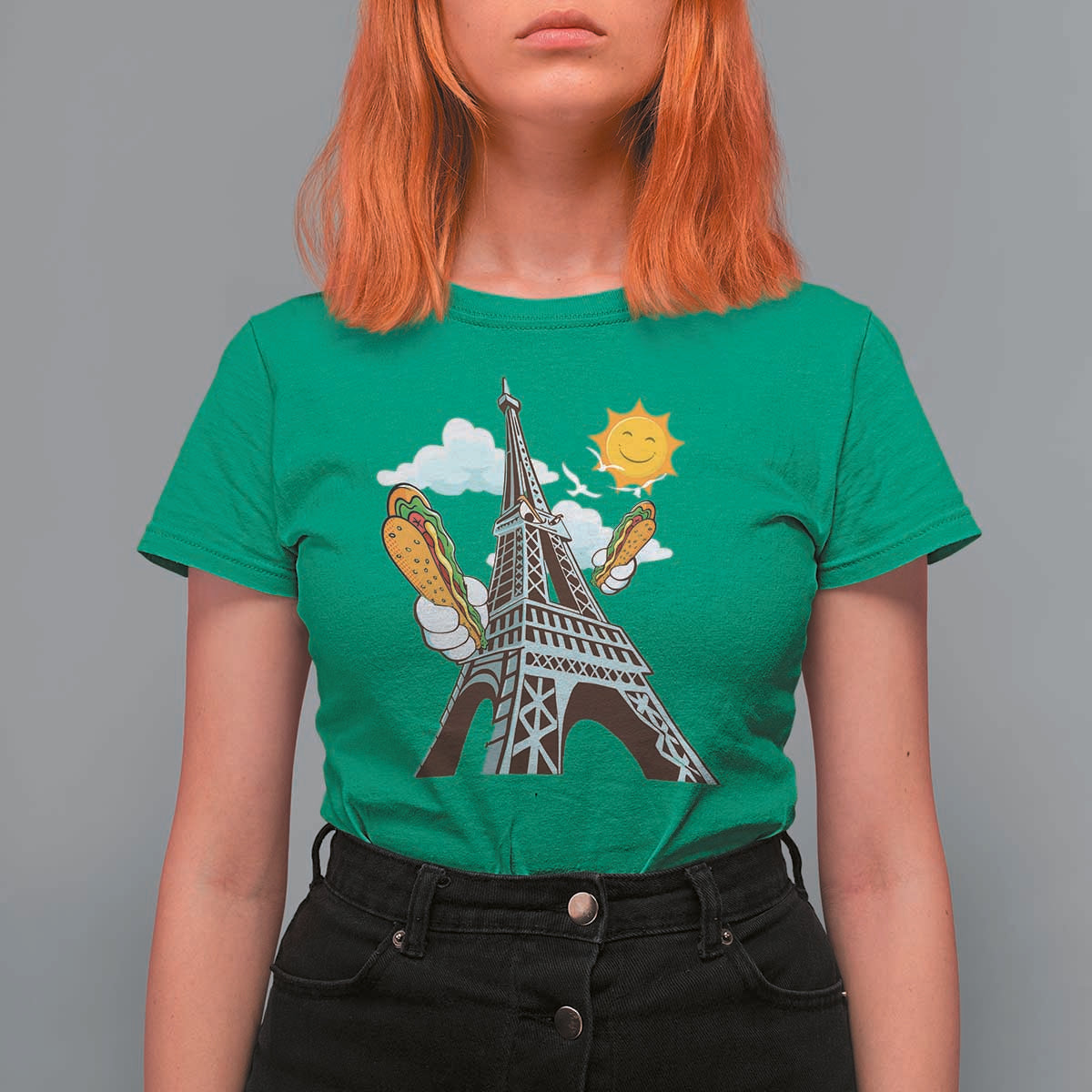 Funny French-American Heritage Month T Shirt For Women Cute Hotdog Eiffel Tower - Wonder Print Shop