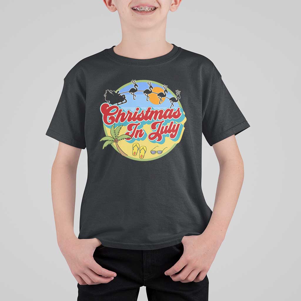 Funny Christmas In July T Shirt For Kid Flamingo With Santa Claus Palm Tree - Wonder Print Shop
