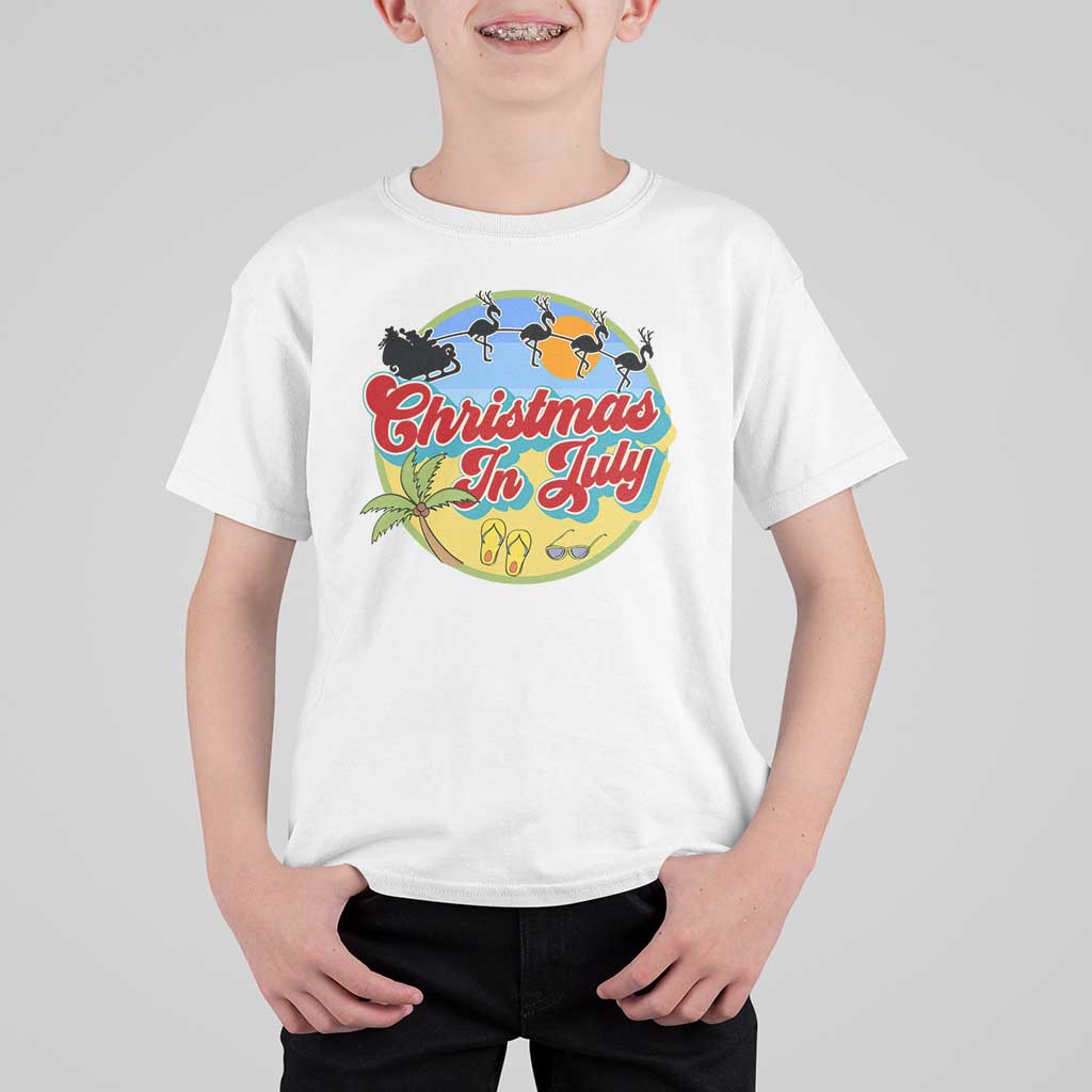 Funny Christmas In July T Shirt For Kid Flamingo With Santa Claus Palm Tree - Wonder Print Shop