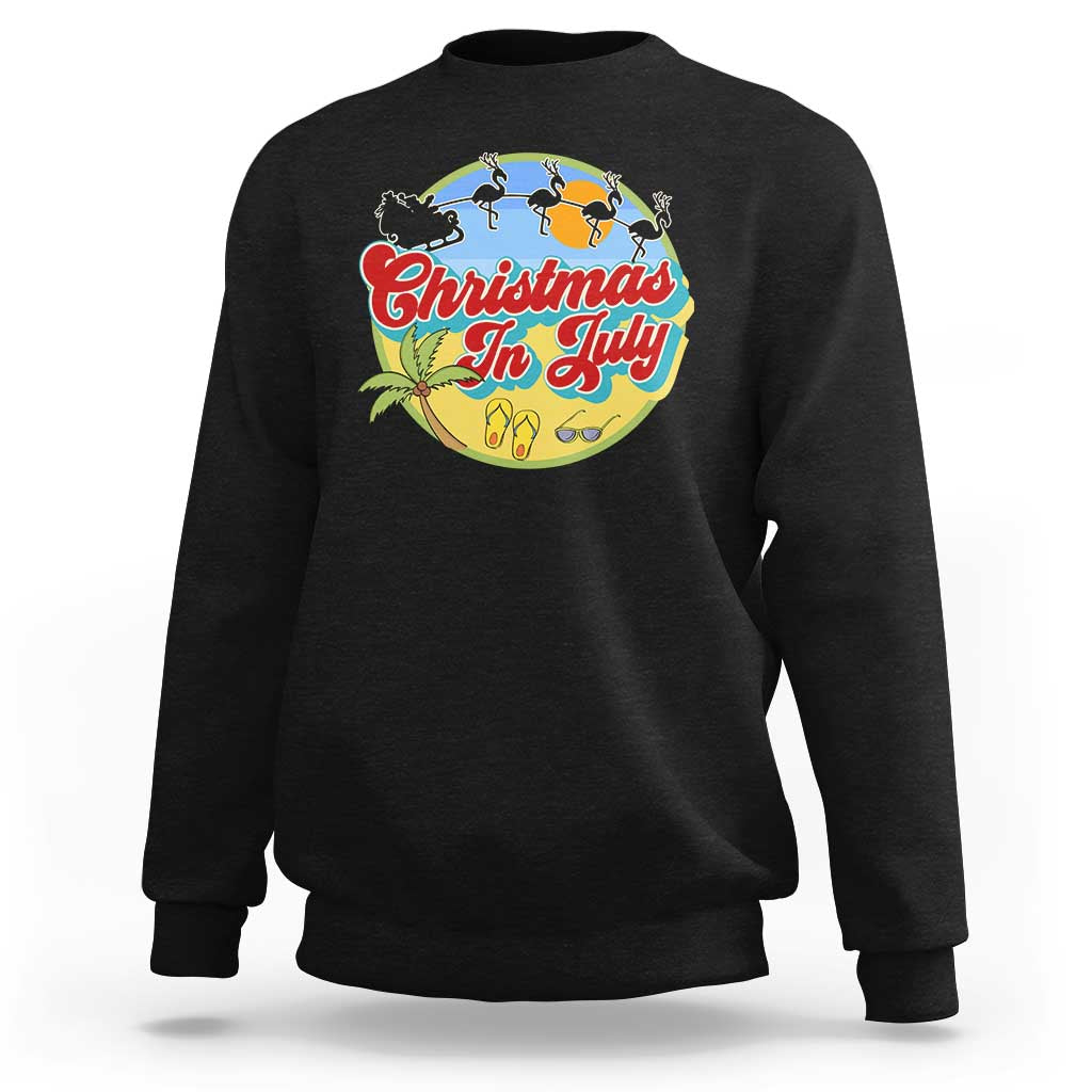 Funny Christmas In July Sweatshirt Flamingo With Santa Claus Palm Tree - Wonder Print Shop