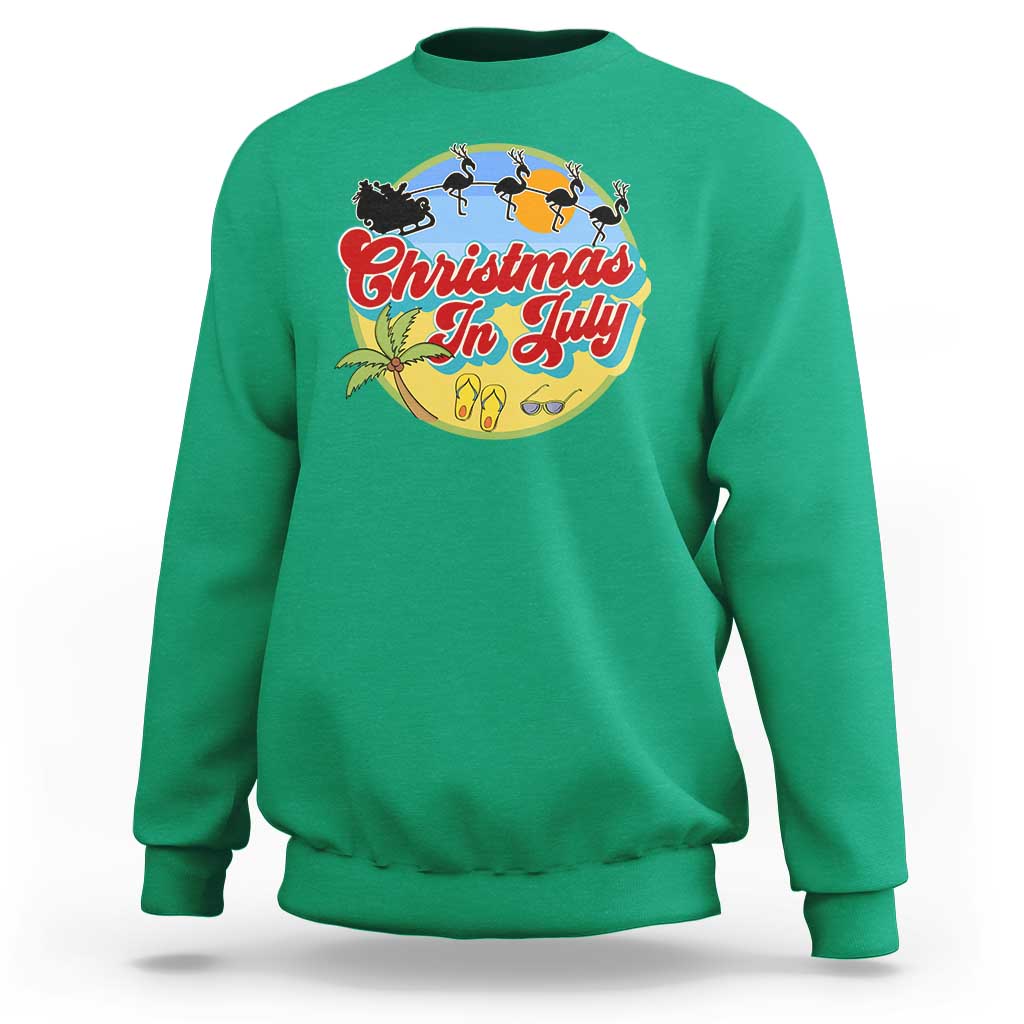 Funny Christmas In July Sweatshirt Flamingo With Santa Claus Palm Tree - Wonder Print Shop