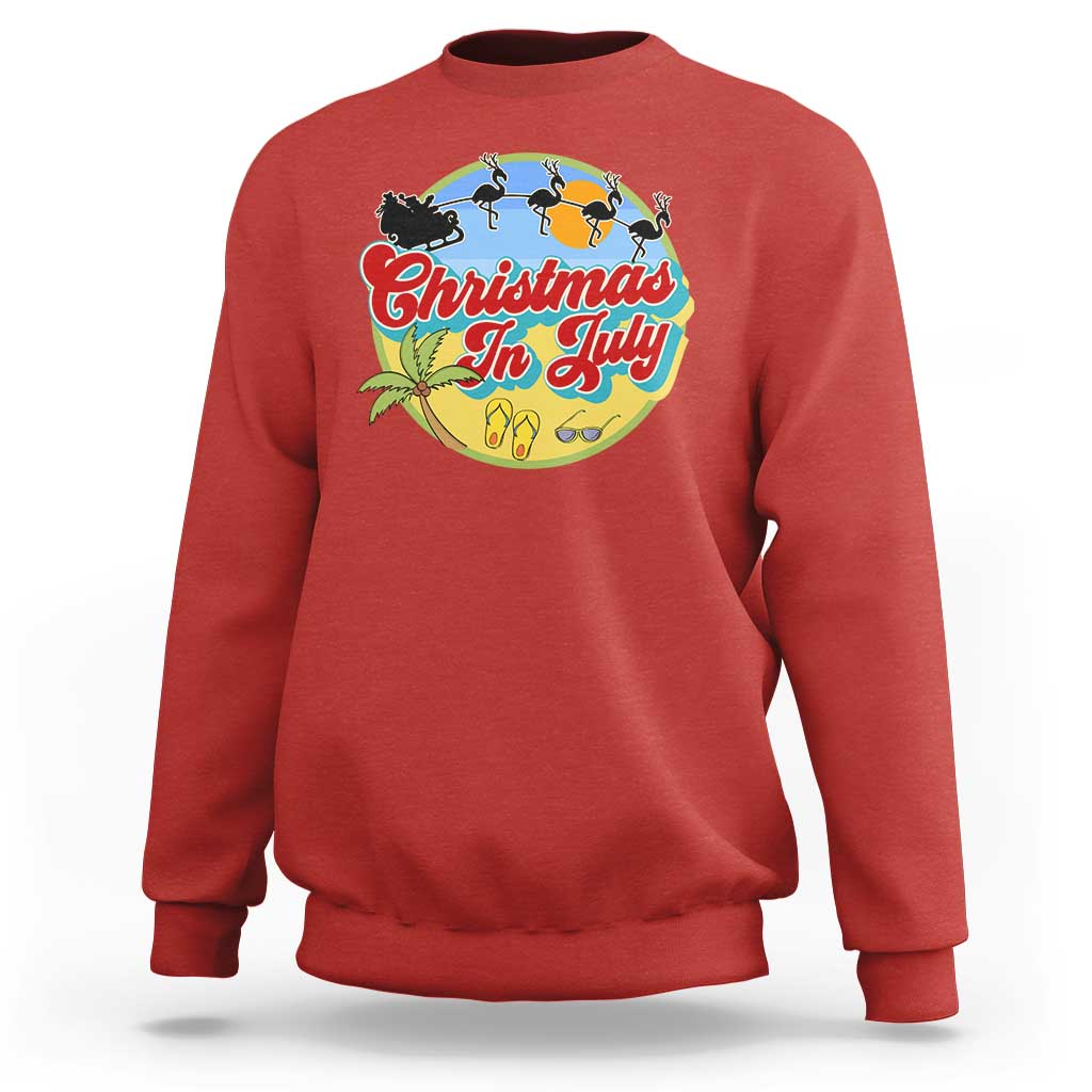 Funny Christmas In July Sweatshirt Flamingo With Santa Claus Palm Tree - Wonder Print Shop