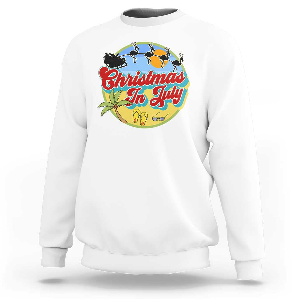 Funny Christmas In July Sweatshirt Flamingo With Santa Claus Palm Tree - Wonder Print Shop