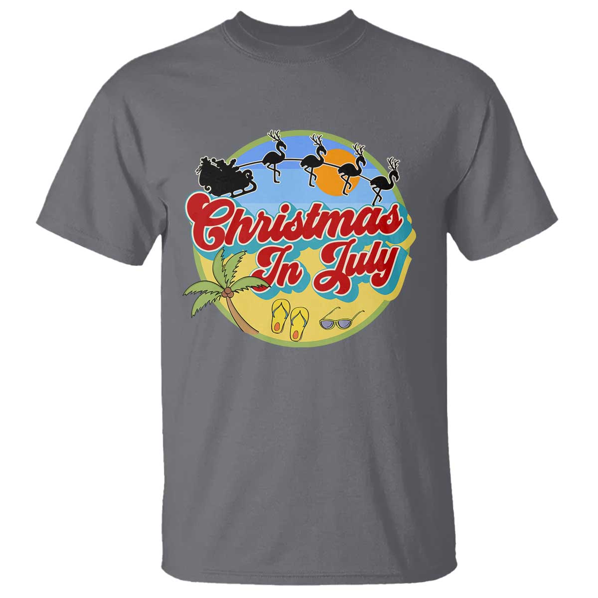 Funny Christmas In July T Shirt Flamingo With Santa Claus Palm Tree - Wonder Print Shop