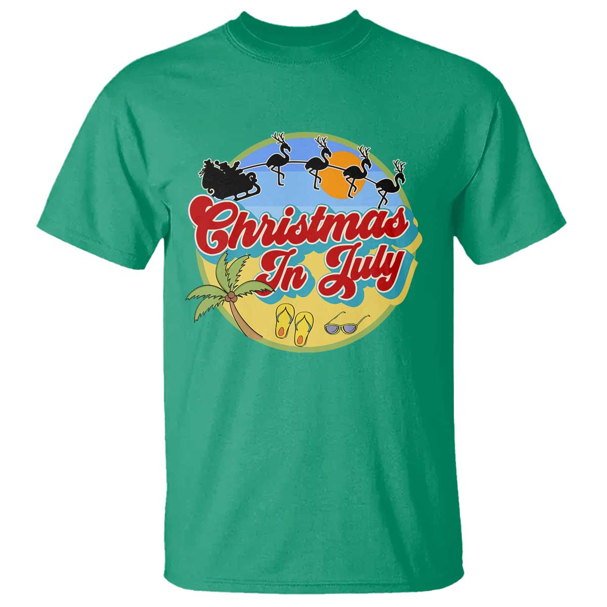 Funny Christmas In July T Shirt Flamingo With Santa Claus Palm Tree - Wonder Print Shop