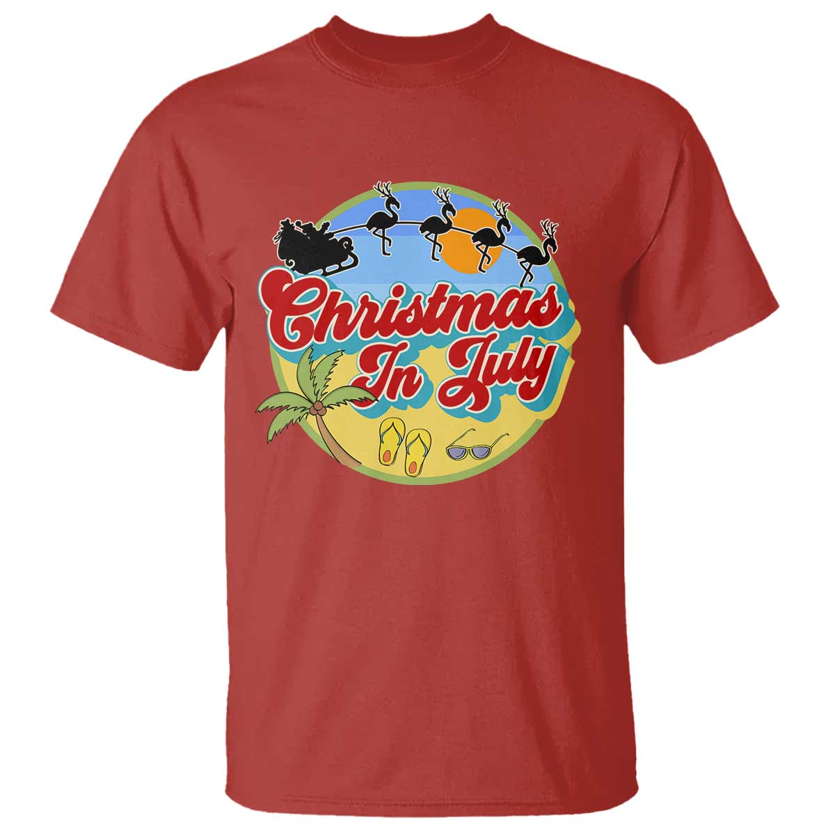 Funny Christmas In July T Shirt Flamingo With Santa Claus Palm Tree - Wonder Print Shop