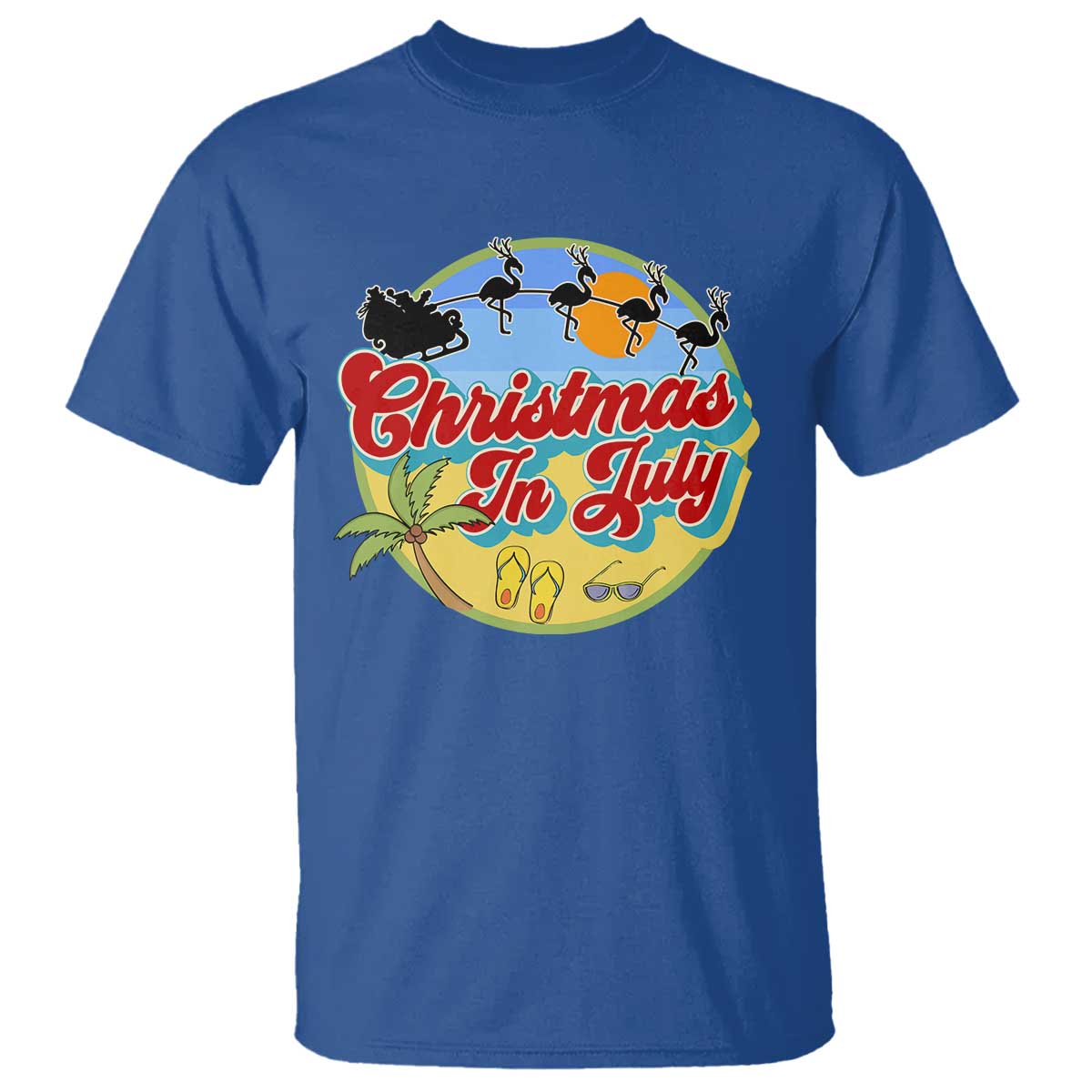 Funny Christmas In July T Shirt Flamingo With Santa Claus Palm Tree - Wonder Print Shop