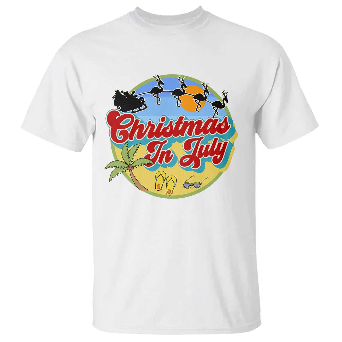 Funny Christmas In July T Shirt Flamingo With Santa Claus Palm Tree - Wonder Print Shop