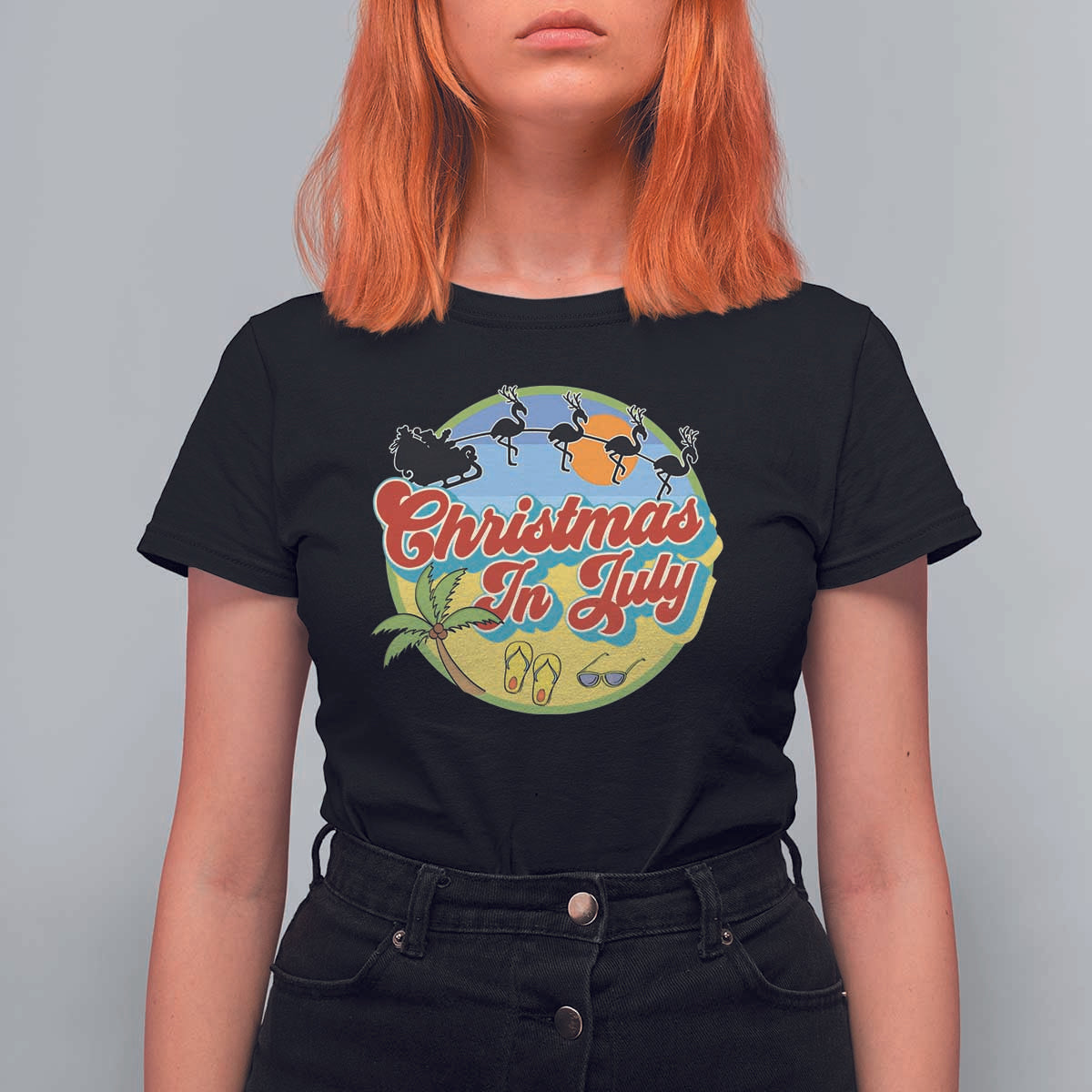 Funny Christmas In July T Shirt For Women Flamingo With Santa Claus Palm Tree - Wonder Print Shop