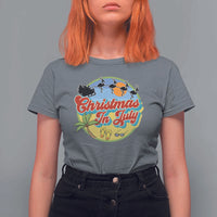 Funny Christmas In July T Shirt For Women Flamingo With Santa Claus Palm Tree - Wonder Print Shop