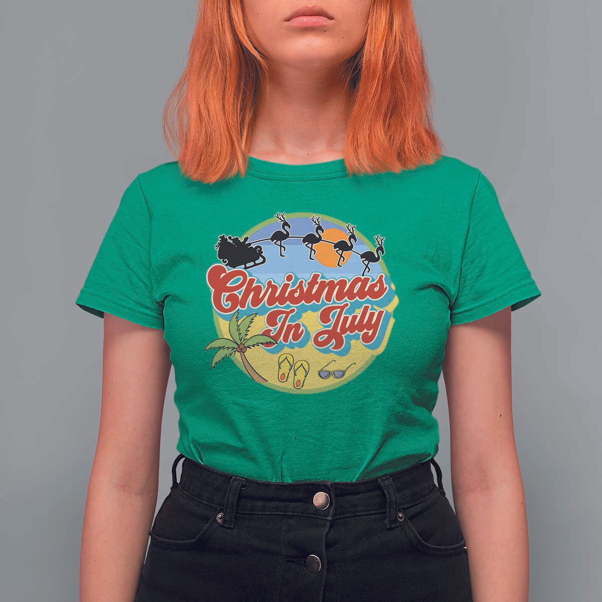 Funny Christmas In July T Shirt For Women Flamingo With Santa Claus Palm Tree - Wonder Print Shop