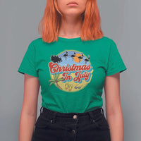Funny Christmas In July T Shirt For Women Flamingo With Santa Claus Palm Tree - Wonder Print Shop