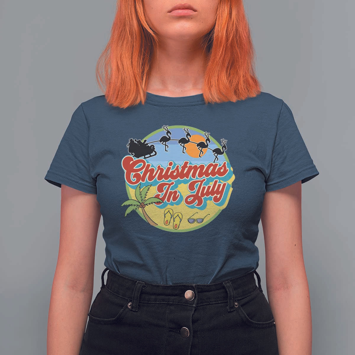 Funny Christmas In July T Shirt For Women Flamingo With Santa Claus Palm Tree - Wonder Print Shop