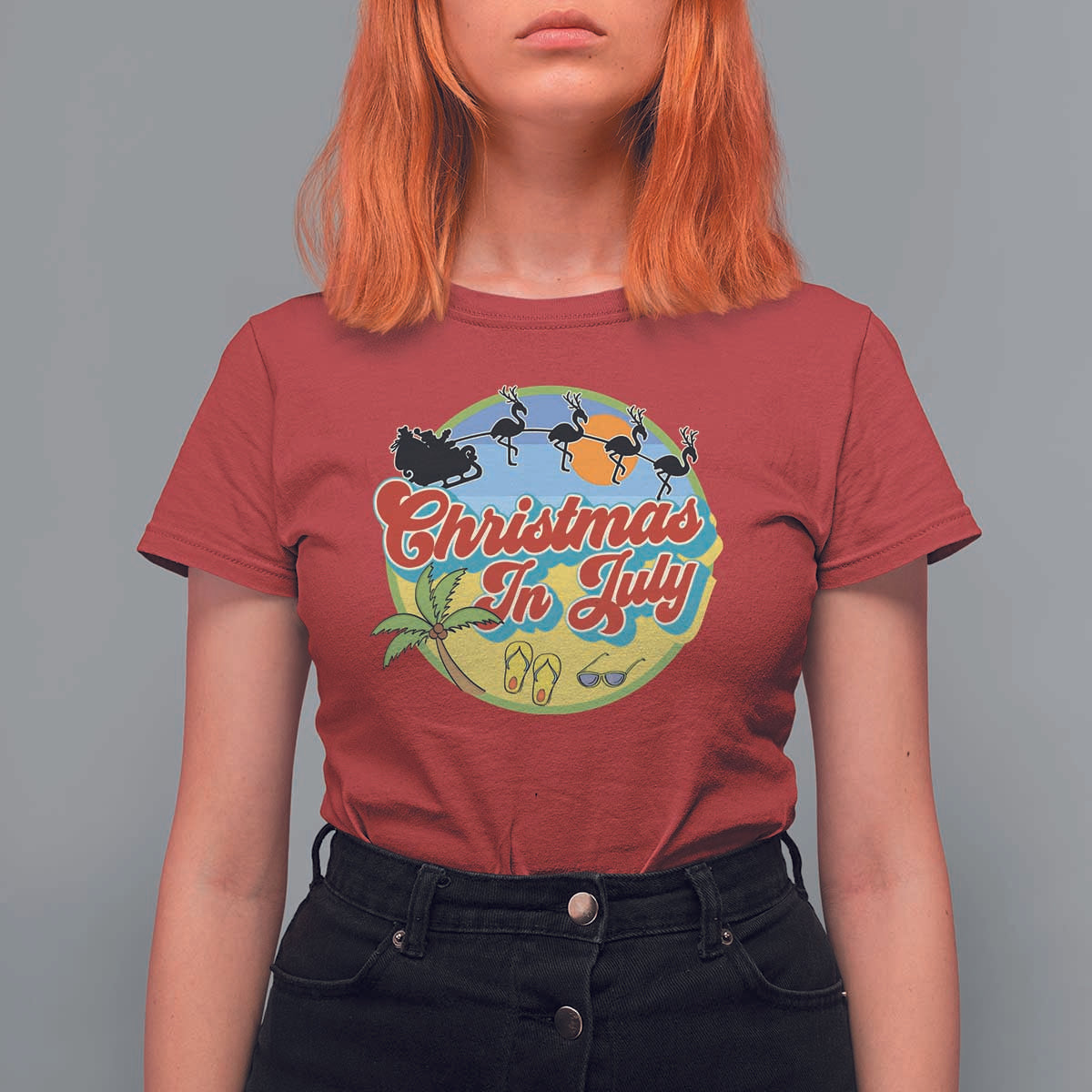 Funny Christmas In July T Shirt For Women Flamingo With Santa Claus Palm Tree - Wonder Print Shop