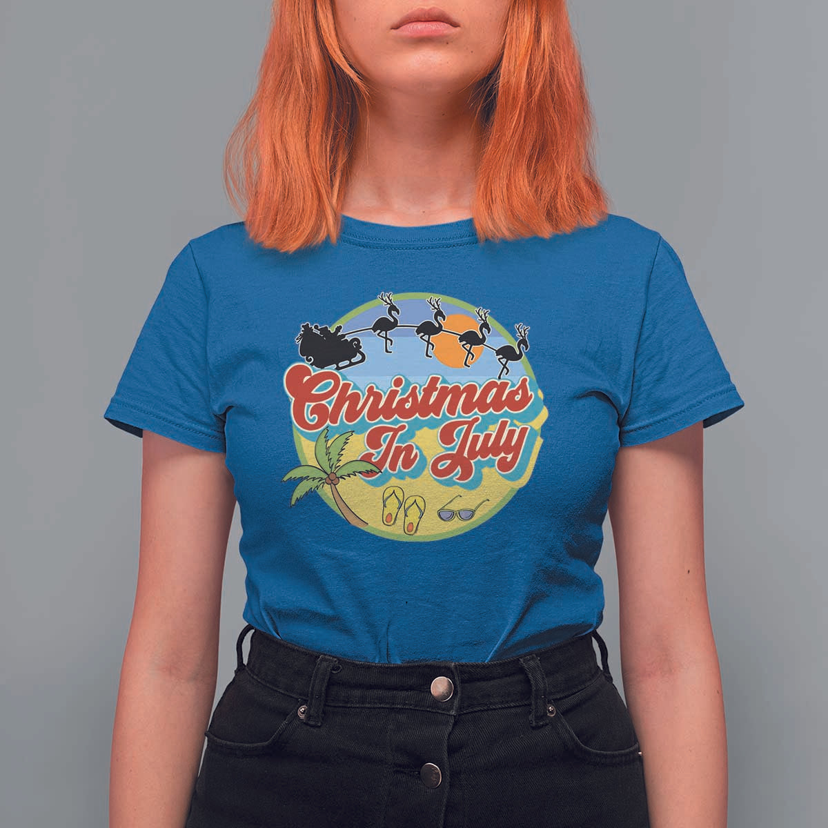 Funny Christmas In July T Shirt For Women Flamingo With Santa Claus Palm Tree - Wonder Print Shop