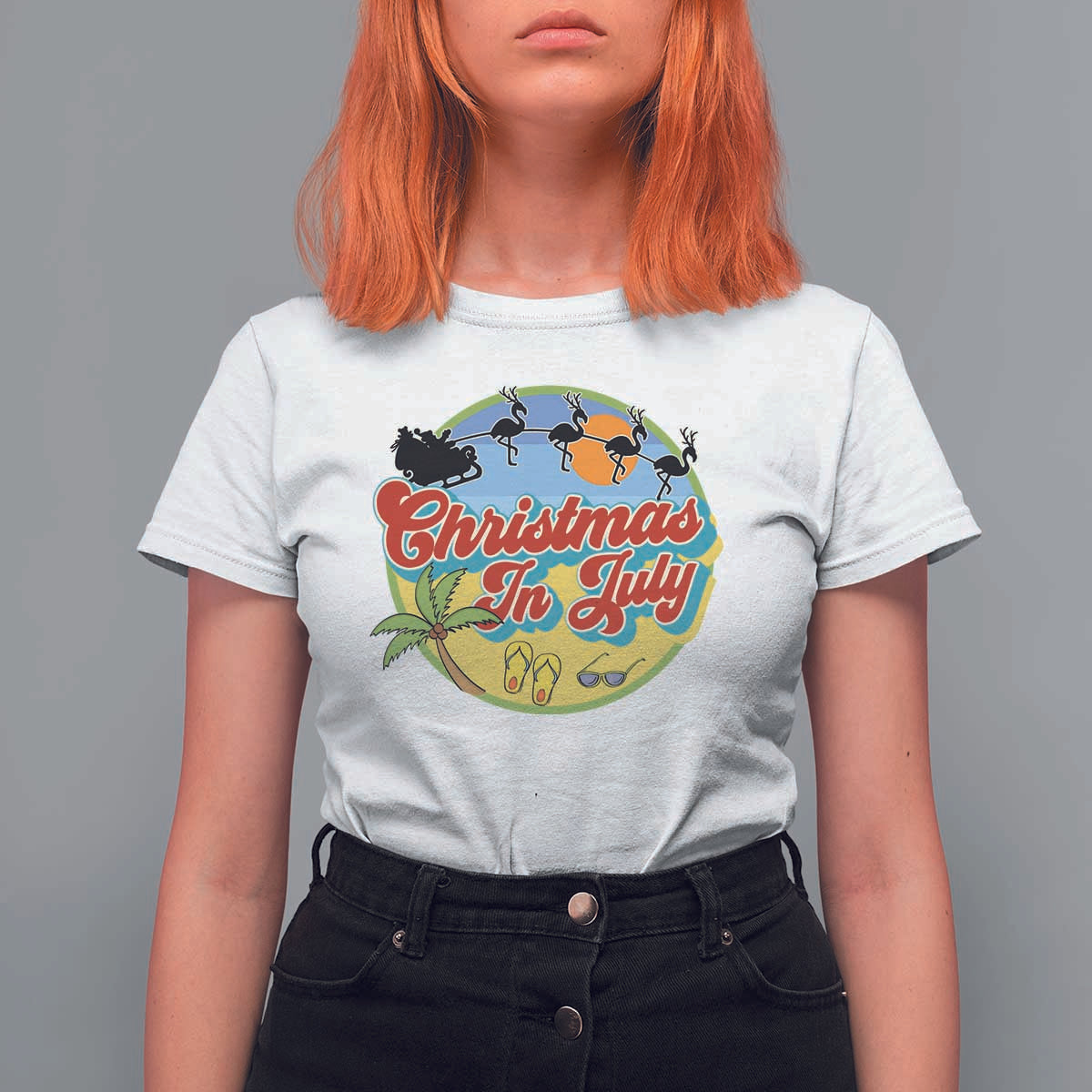 Funny Christmas In July T Shirt For Women Flamingo With Santa Claus Palm Tree - Wonder Print Shop