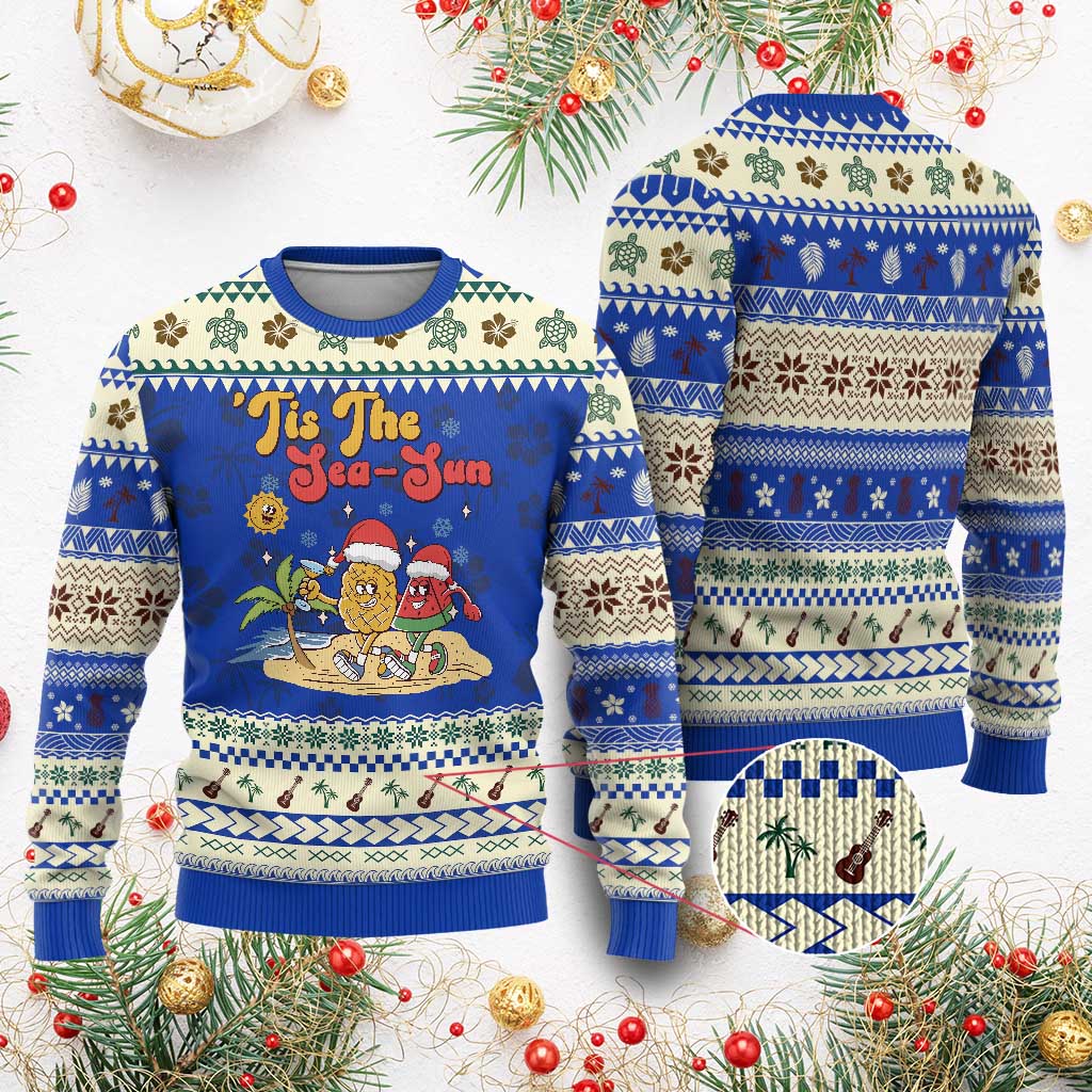 Funny Xmas In July Ugly Christmas Sweater Tis The Sea Sun Retro Tropical Pineapple Watermelon - Wonder Print Shop
