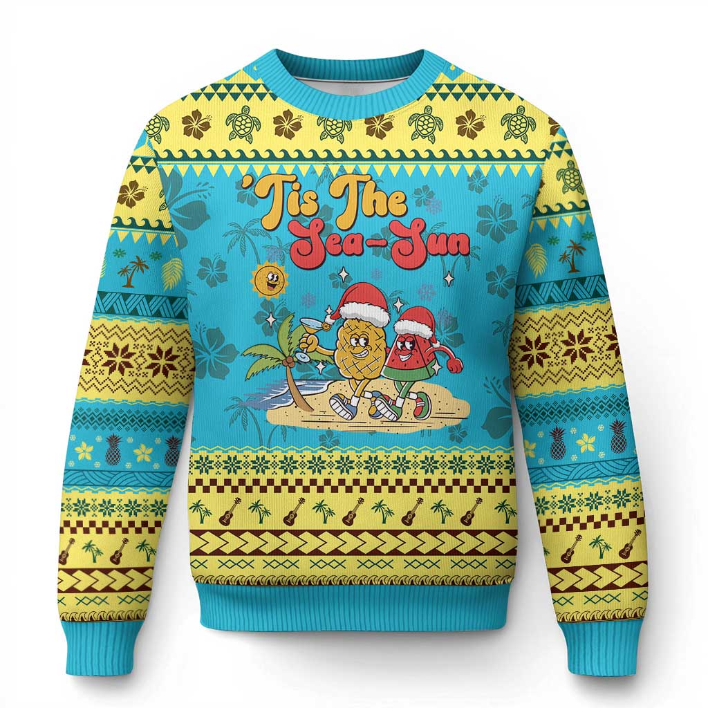 Funny Xmas In July Ugly Christmas Sweater Tis The Sea Sun Retro Tropical Pineapple Watermelon - Wonder Print Shop