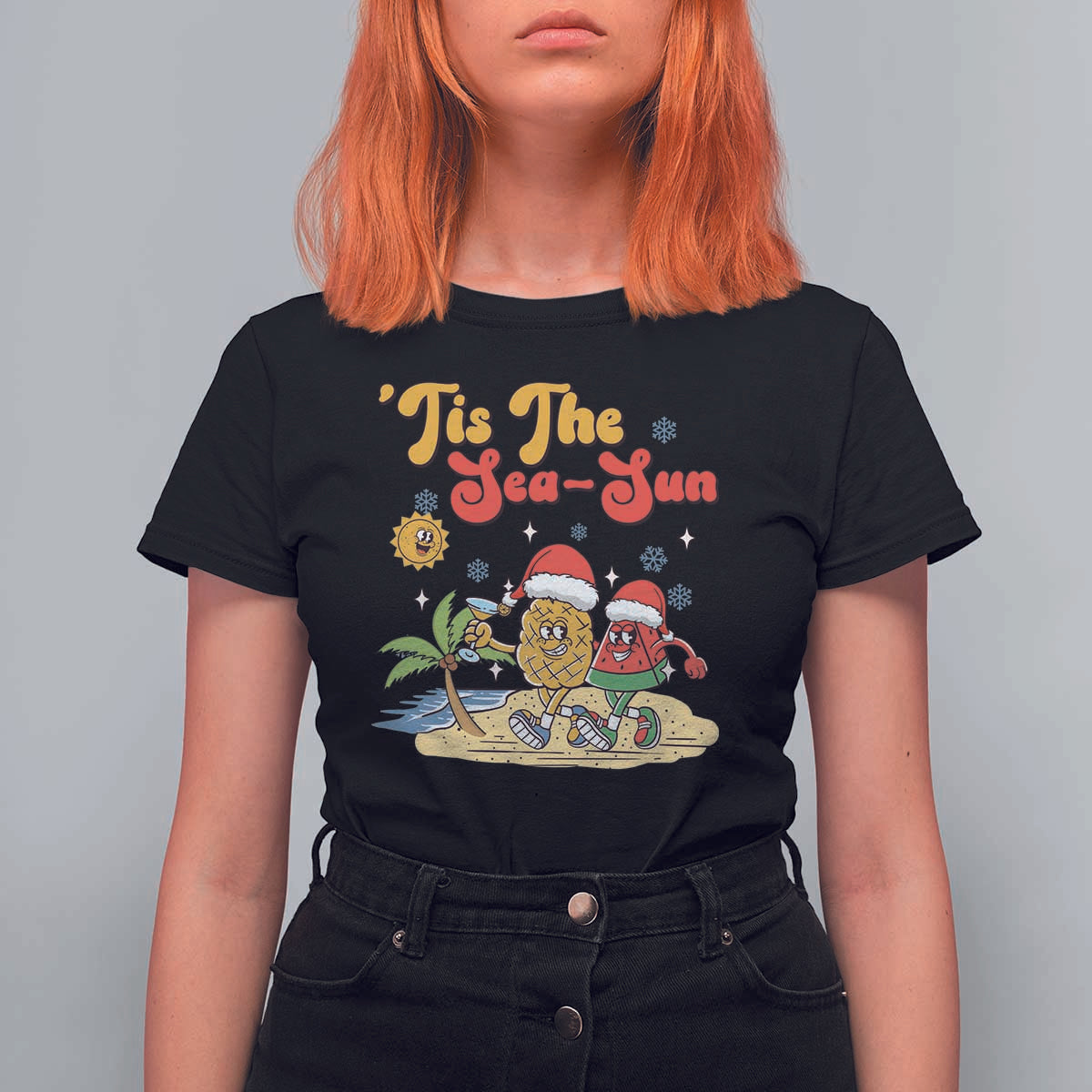 Funny Christmas In July T Shirt For Women Tis The Sea Sun Retro Tropical Pineapple Watermelon - Wonder Print Shop