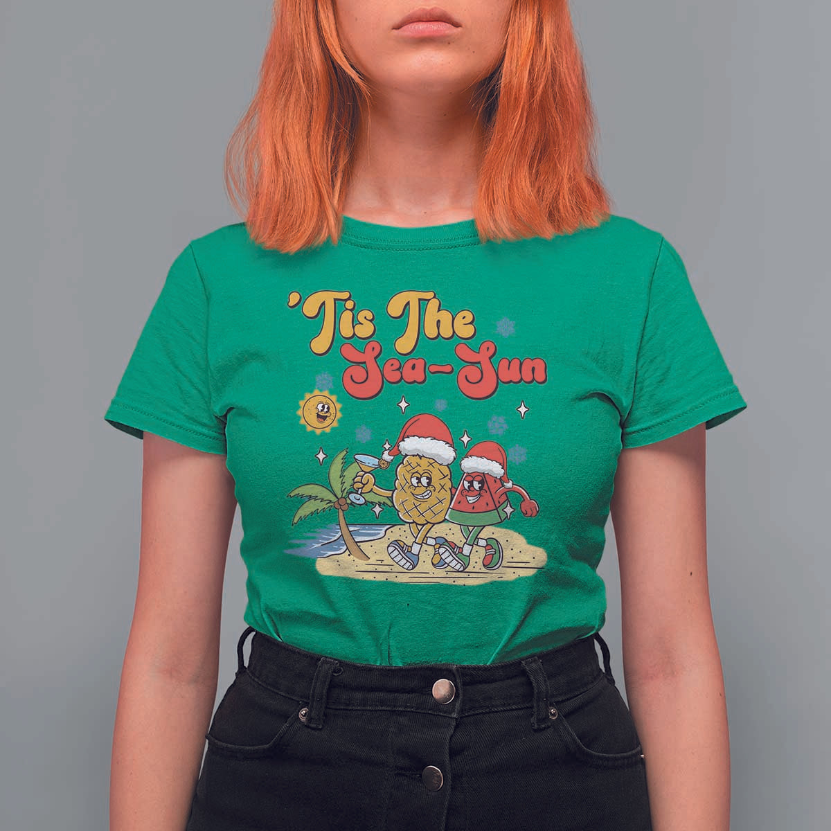 Funny Christmas In July T Shirt For Women Tis The Sea Sun Retro Tropical Pineapple Watermelon - Wonder Print Shop