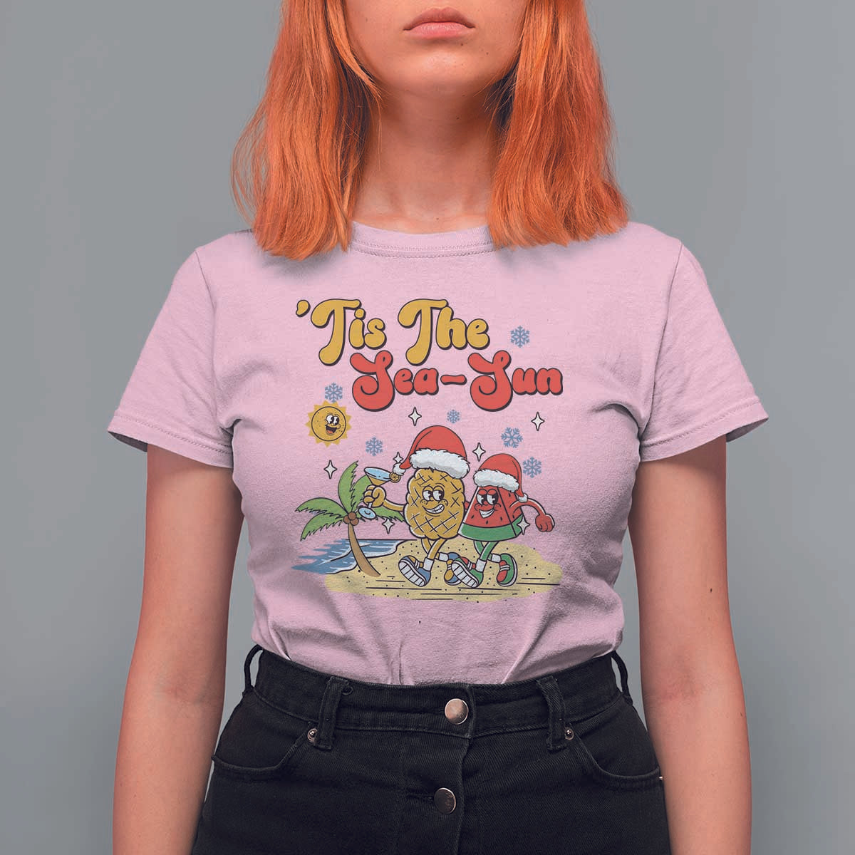Funny Christmas In July T Shirt For Women Tis The Sea Sun Retro Tropical Pineapple Watermelon - Wonder Print Shop