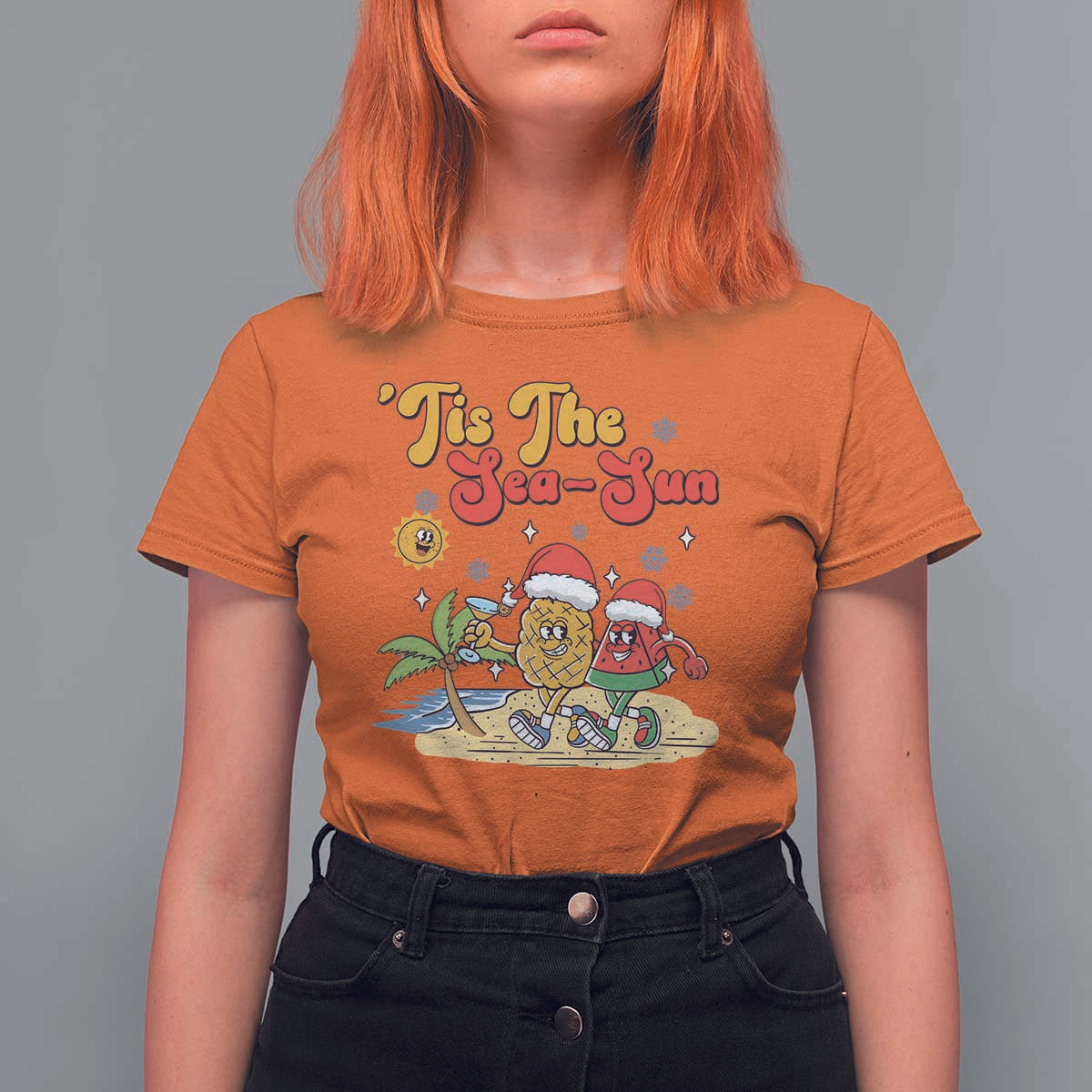 Funny Christmas In July T Shirt For Women Tis The Sea Sun Retro Tropical Pineapple Watermelon - Wonder Print Shop