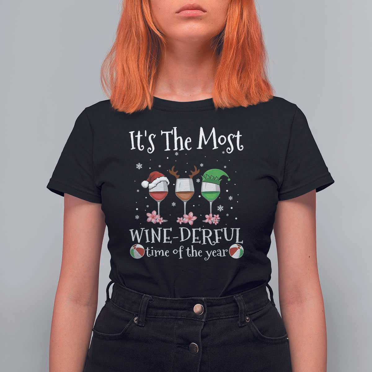 Funny Christmas In July T Shirt For Women It's The Most Winederful Time Of The Year Wine Glasses Flower - Wonder Print Shop