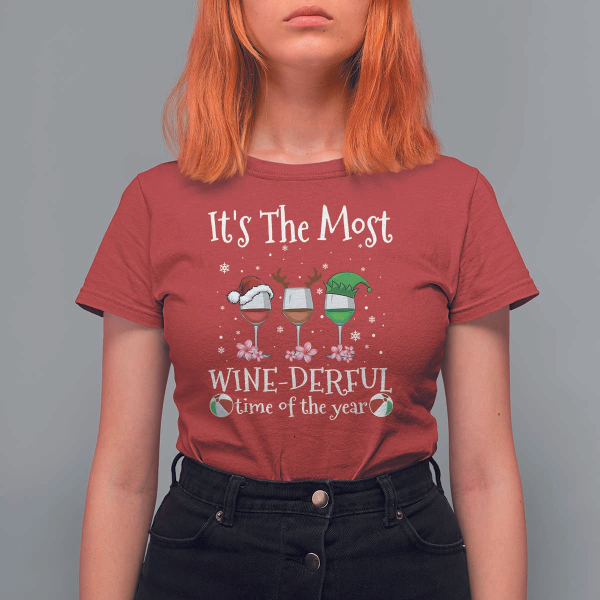 Funny Christmas In July T Shirt For Women It's The Most Winederful Time Of The Year Wine Glasses Flower - Wonder Print Shop