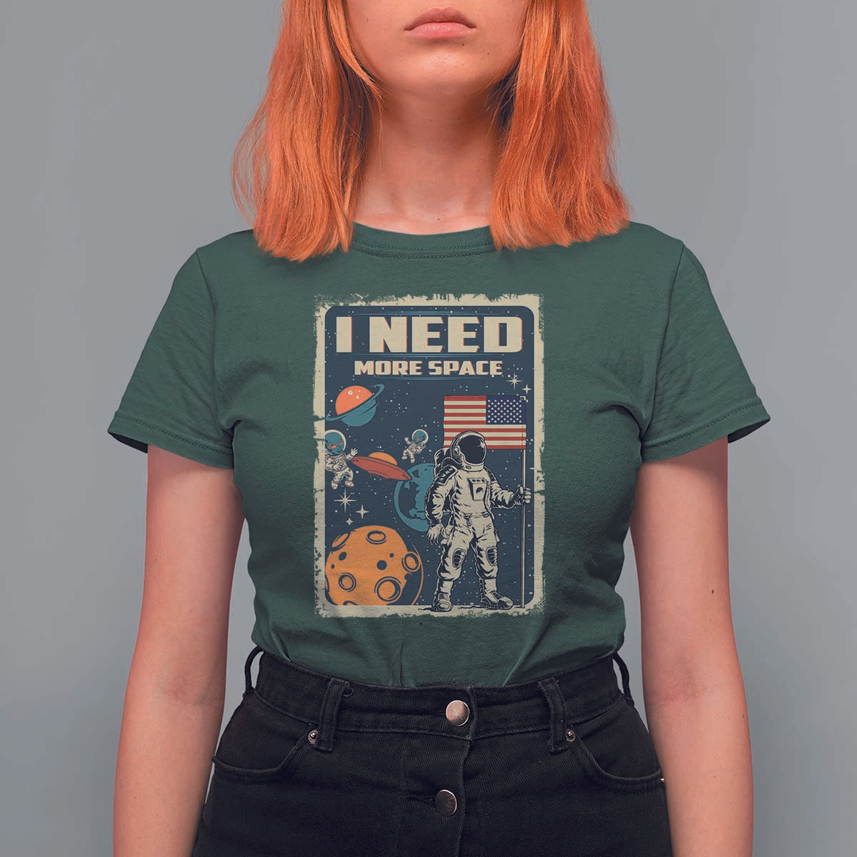 Funny I Need More Space T Shirt For Women Retro Astronaut Spaceship Star Planets - Wonder Print Shop