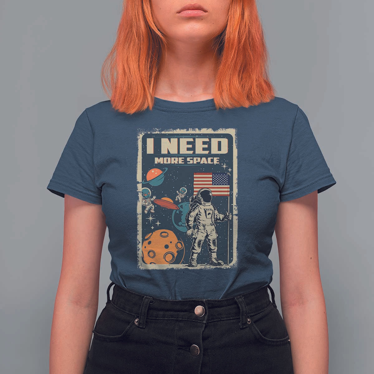 Funny I Need More Space T Shirt For Women Retro Astronaut Spaceship Star Planets - Wonder Print Shop