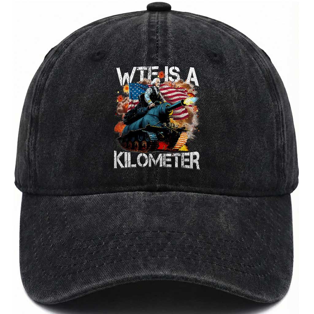 Funny WTF Is A Kilometer Washed Cotton Baseball Cap Patriotic American Freedom George Washington