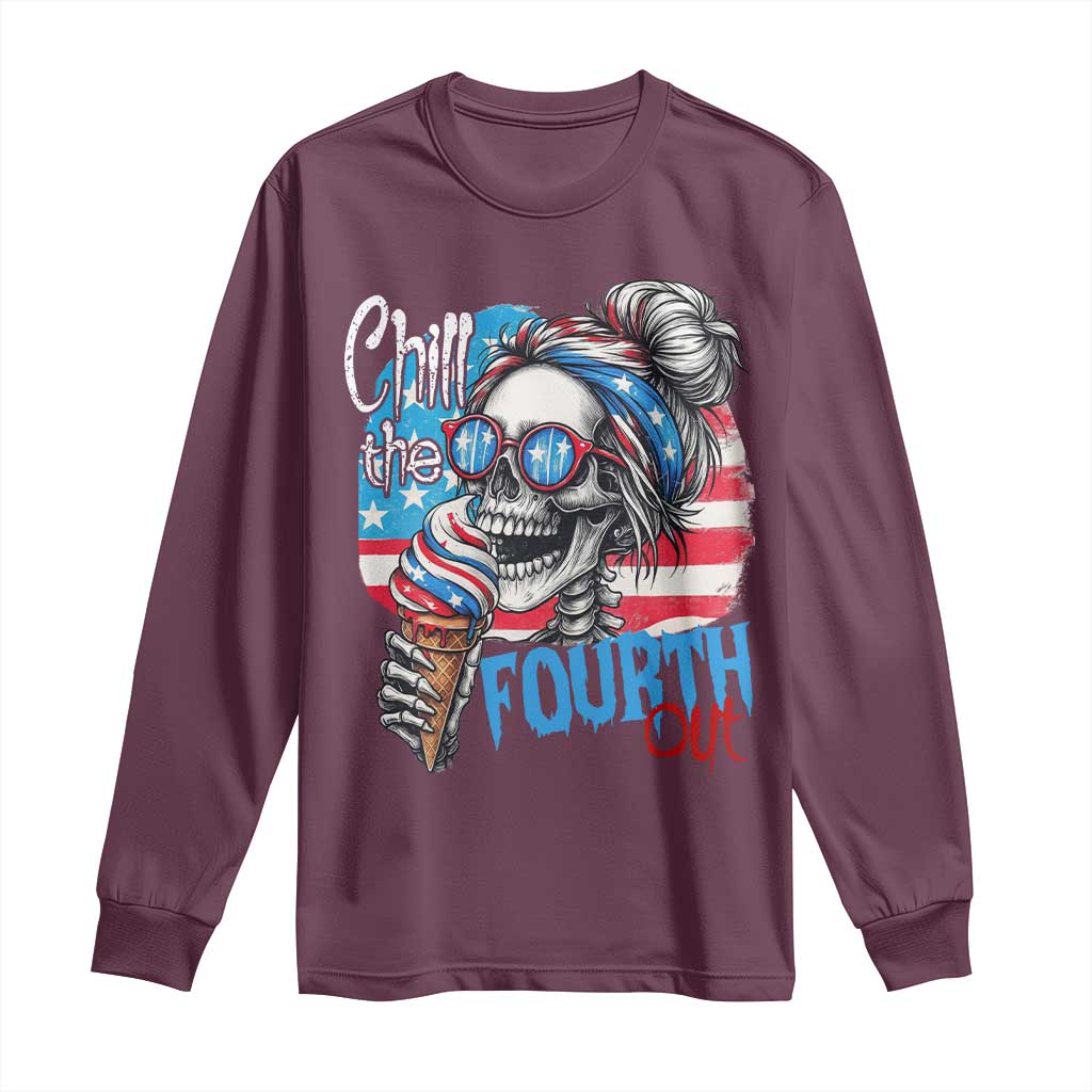 Funny Chill The Fourth Out 4th Of July Long Sleeve Shirt Patriotic Skeleton Popsicle US Flag - Wonder Print Shop