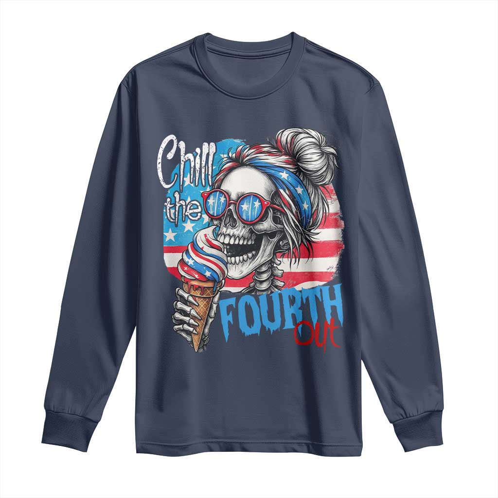 Funny Chill The Fourth Out 4th Of July Long Sleeve Shirt Patriotic Skeleton Popsicle US Flag - Wonder Print Shop