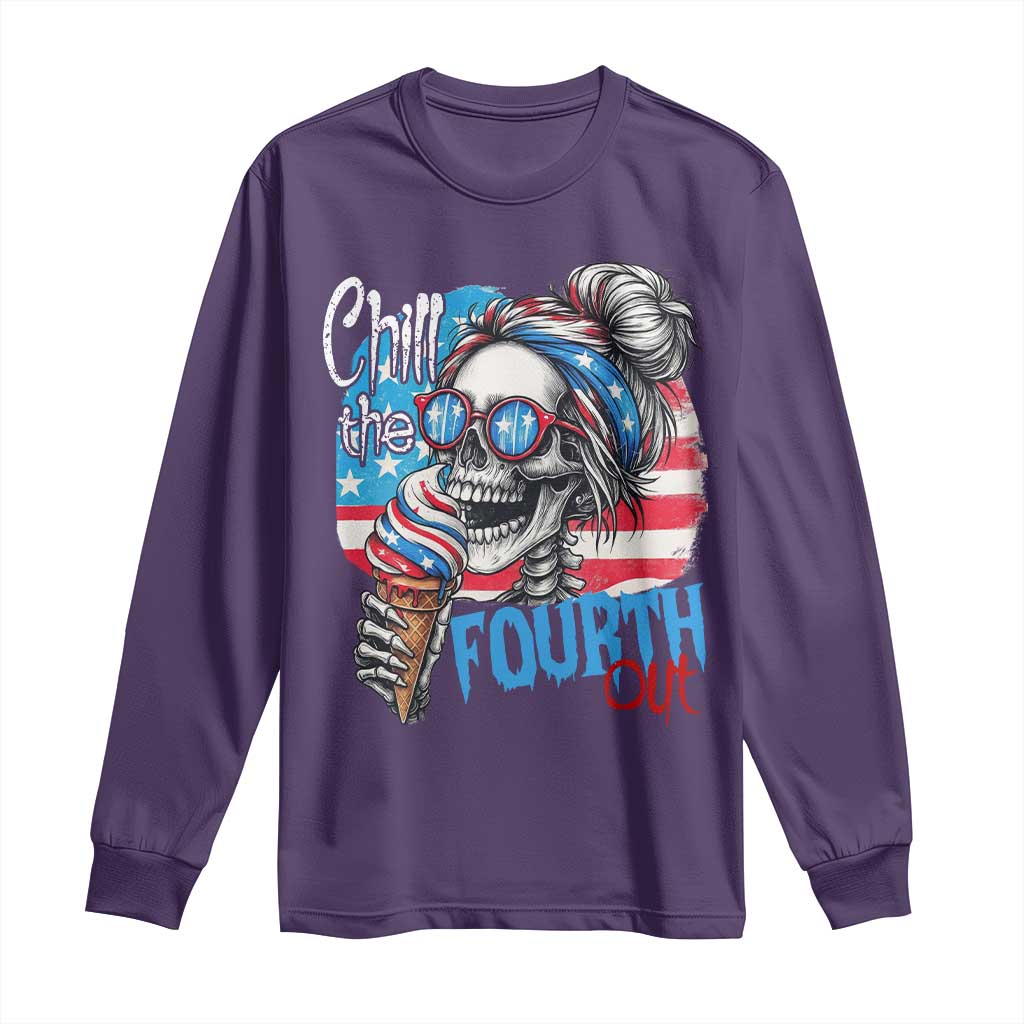 Funny Chill The Fourth Out 4th Of July Long Sleeve Shirt Patriotic Skeleton Popsicle US Flag - Wonder Print Shop