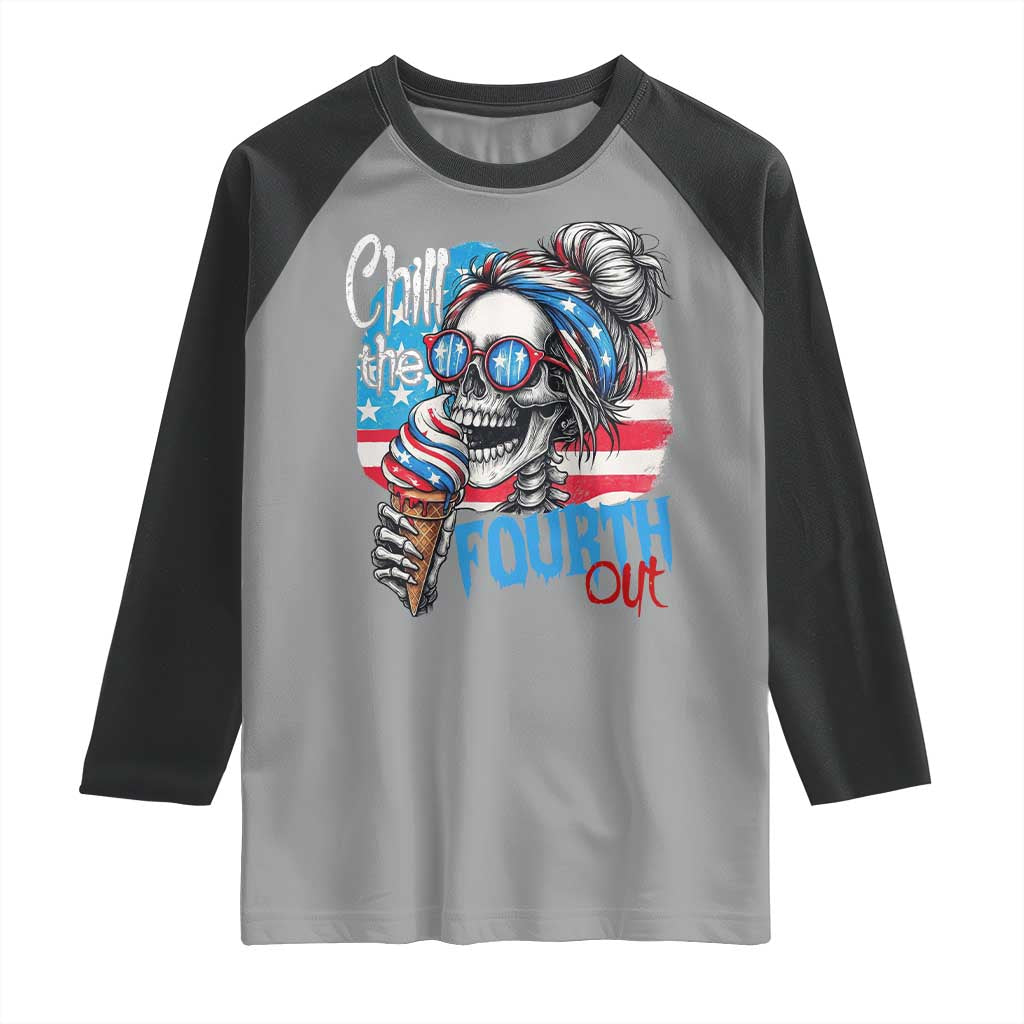 Funny Chill The Fourth Out 4th Of July Raglan Shirt Patriotic Skeleton Popsicle US Flag - Wonder Print Shop