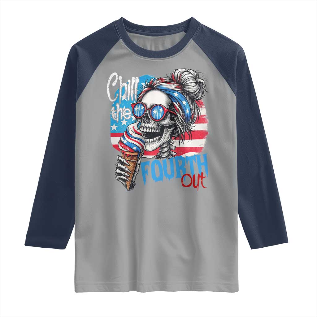 Funny Chill The Fourth Out 4th Of July Raglan Shirt Patriotic Skeleton Popsicle US Flag - Wonder Print Shop