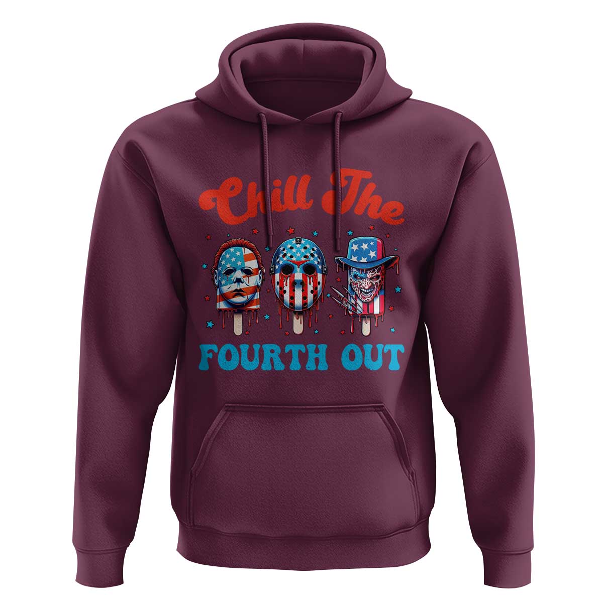 Funny Chill The Fourth Out Hoodie 4th of July Horror Movie Popsicle Mask USA Flag - Wonder Print Shop