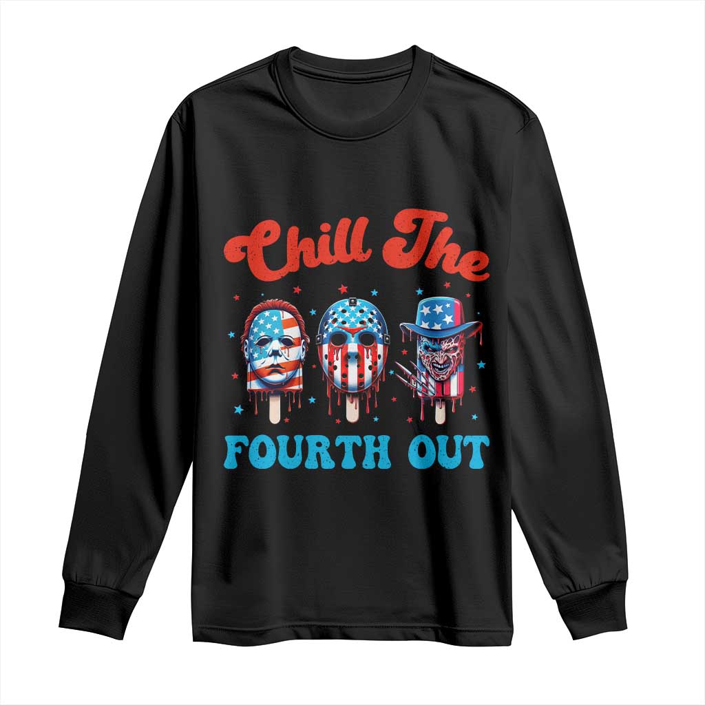 Funny Chill The Fourth Out Long Sleeve Shirt 4th of July Horror Movie Popsicle Mask USA Flag - Wonder Print Shop