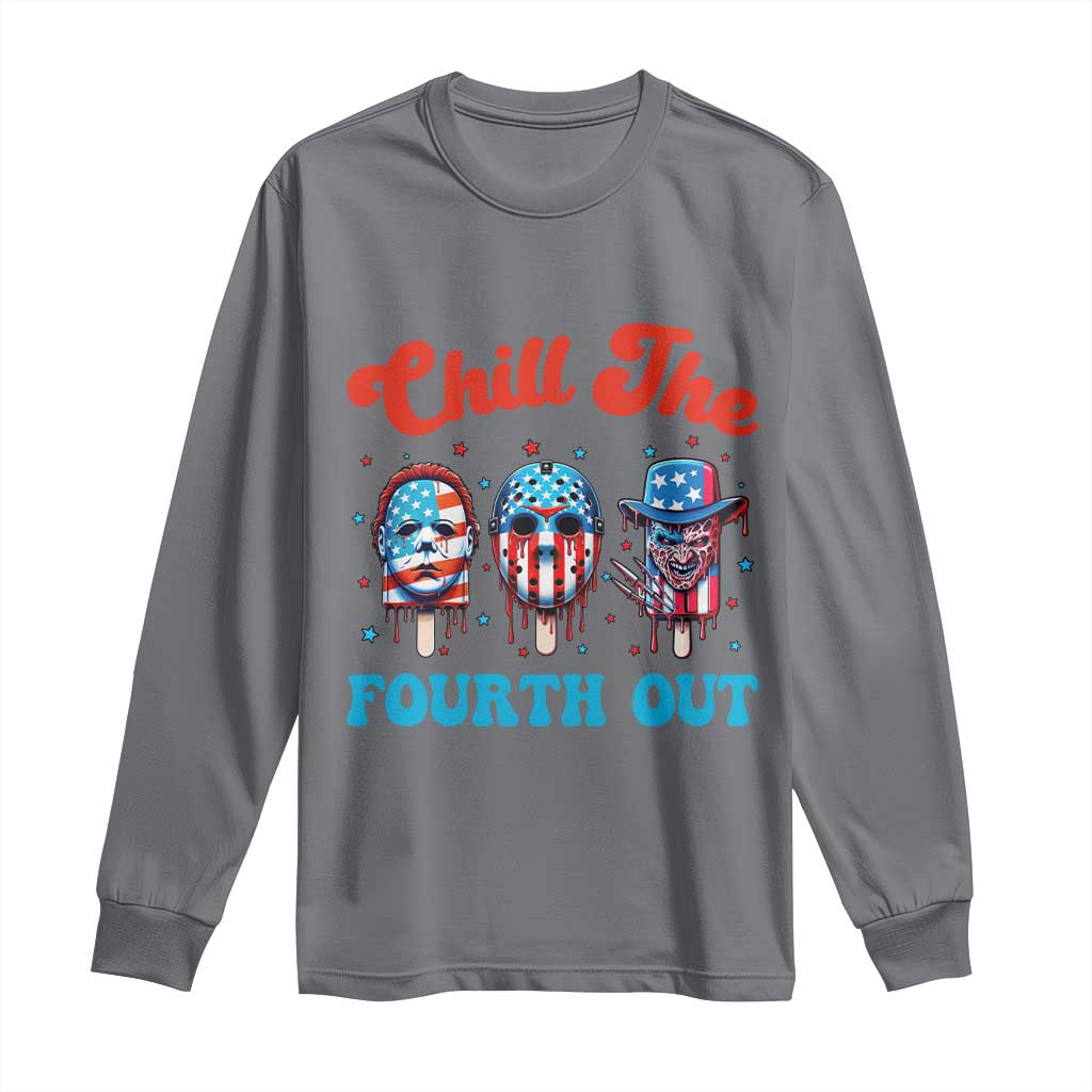 Funny Chill The Fourth Out Long Sleeve Shirt 4th of July Horror Movie Popsicle Mask USA Flag - Wonder Print Shop