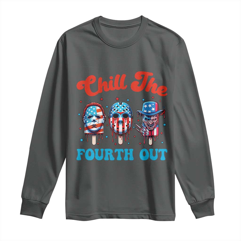 Funny Chill The Fourth Out Long Sleeve Shirt 4th of July Horror Movie Popsicle Mask USA Flag - Wonder Print Shop