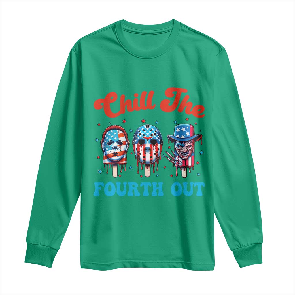 Funny Chill The Fourth Out Long Sleeve Shirt 4th of July Horror Movie Popsicle Mask USA Flag - Wonder Print Shop