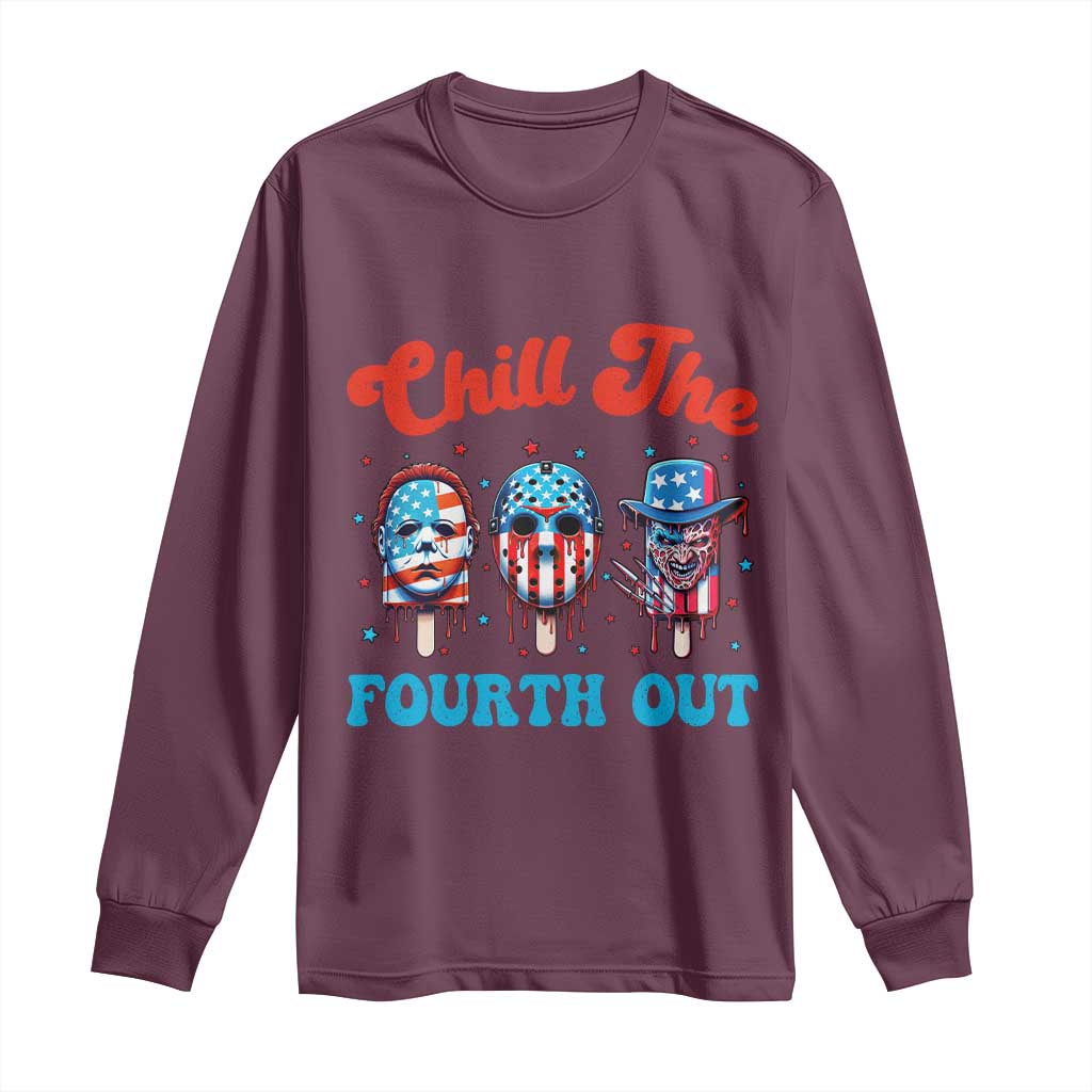 Funny Chill The Fourth Out Long Sleeve Shirt 4th of July Horror Movie Popsicle Mask USA Flag - Wonder Print Shop