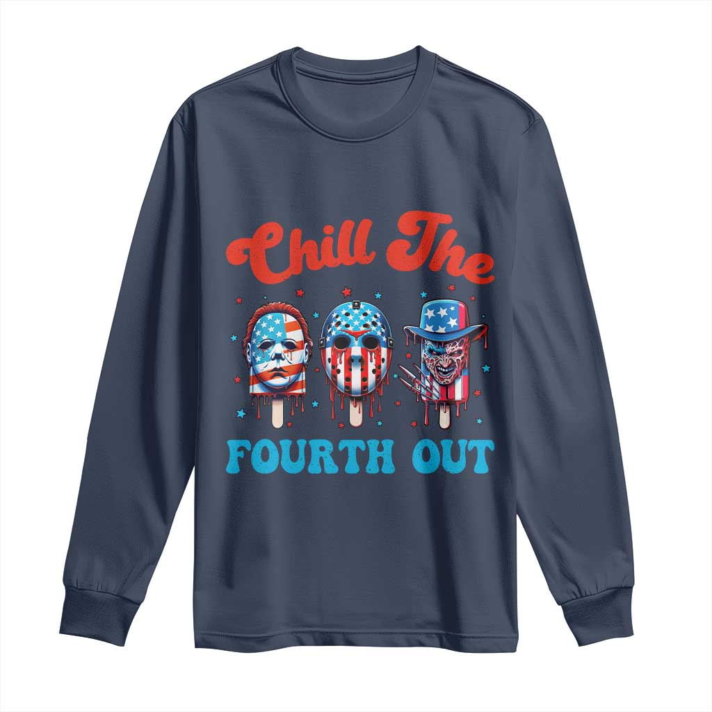 Funny Chill The Fourth Out Long Sleeve Shirt 4th of July Horror Movie Popsicle Mask USA Flag - Wonder Print Shop