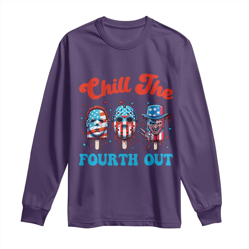 Funny Chill The Fourth Out Long Sleeve Shirt 4th of July Horror Movie Popsicle Mask USA Flag - Wonder Print Shop