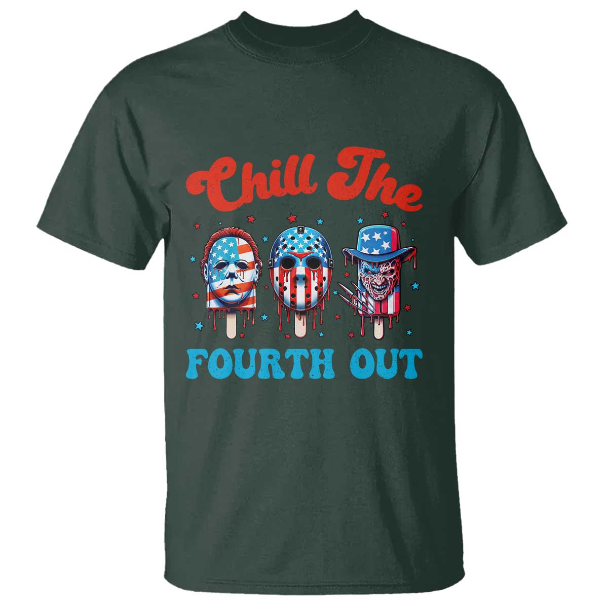 Funny Chill The Fourth Out T Shirt 4th of July Horror Movie Popsicle Mask USA Flag - Wonder Print Shop