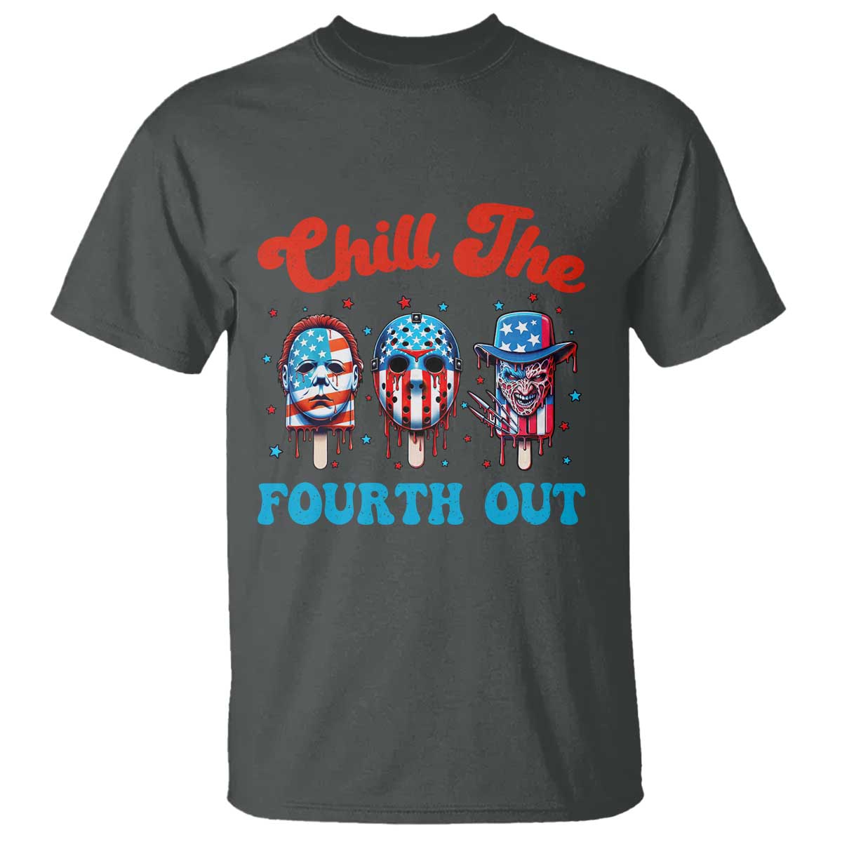 Funny Chill The Fourth Out T Shirt 4th of July Horror Movie Popsicle Mask USA Flag - Wonder Print Shop