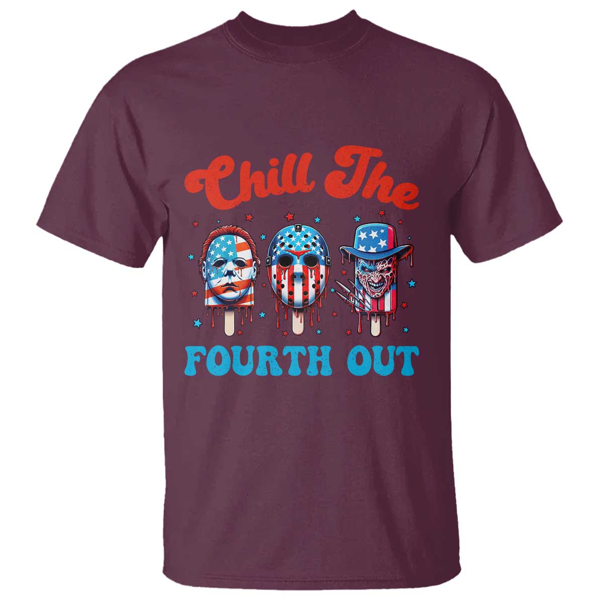 Funny Chill The Fourth Out T Shirt 4th of July Horror Movie Popsicle Mask USA Flag - Wonder Print Shop