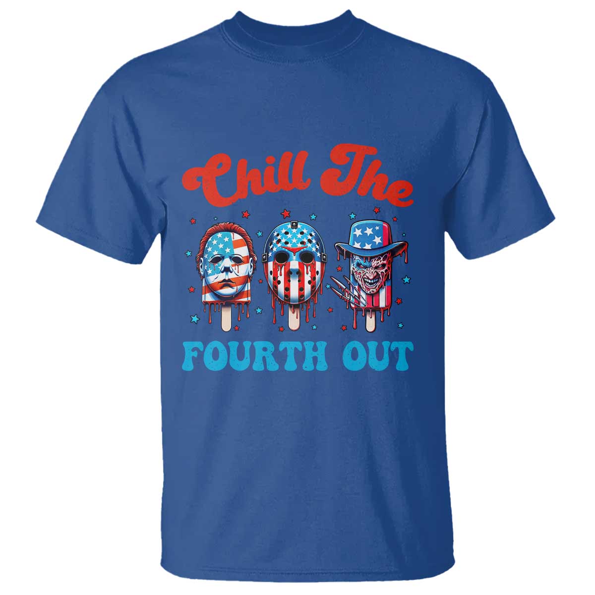 Funny Chill The Fourth Out T Shirt 4th of July Horror Movie Popsicle Mask USA Flag - Wonder Print Shop